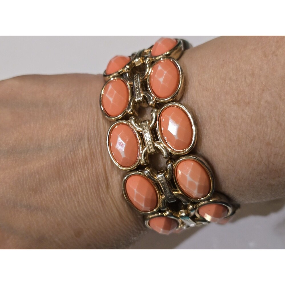 Lovely Coral Orange Stretch Bracelet Gold Tone Oval Cabochon Statement Bracelet